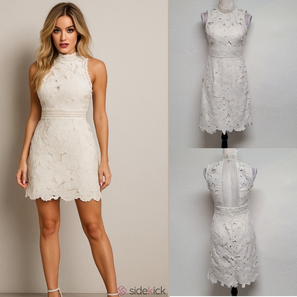Nicole Miller Cream Eyelet Scalloped Lace Sleeveless Cream Lined Mini Dress 2